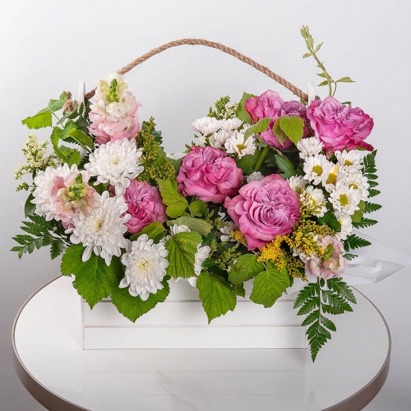 Baltica White Spray Chrysanthemum - 5, Pink rose Country Blues 50 cm - 5, Pink Matthiola - 4, Santini White Spray Chrysanthemum - 4, Wooden pot, Oasis, Solidago (1 pc.),  Raspberry branch, Yellow Statice