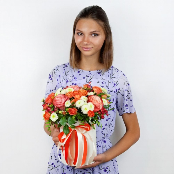 Spray rose: yellow, orange 50 cm - 8, Santini White Spray Chrysanthemum - 4, Peony rose Kahala 50 cm - 6, Round flower box small , Oasis, Film, Pistachio, Ruscus, Hypericum, Ribbon