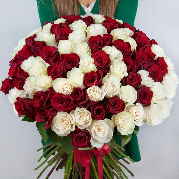 Red rose 70 cm Ecuador - 65, White rose 70 cm  (Ecuador) - 66, Ribbon