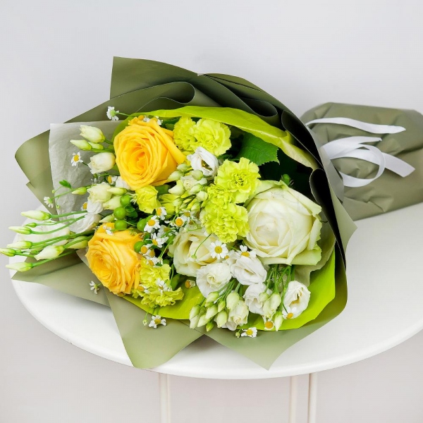 Yellow rose 50 cm - 3, White rose 50 cm - 2, Carnation spray - 4, lisianthus - 4, Chamomile - 4, Hypericum, Wrapping Paper, Ribbon