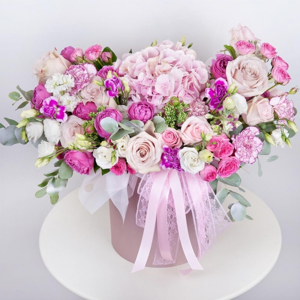 Pink Hydrangea - 1, Pink rose 50 cm - 8, Rose Powder 50 cm Ecuador (Quicksand, Menta) - 7, Spray peony rose Misty Bubbles, 50 cm - 5, Carnation white, cream - 8, White Matthiola - 4, lisianthus - 5, Bright pink spray rose mix, 50 cm - 6, Pink spray carnation - 4, Round flower box medium, Oasis, Eucalyptus Cinerea, Sedum, Wrapping Paper