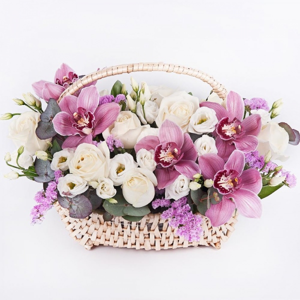 Pink Cymbidium Orchid Bud - 7, White rose 50 cm - 11, lisianthus - 2, Medium Basket, Oasis, Eucalyptus Cinerea, Flask for orchids, Pink Statice