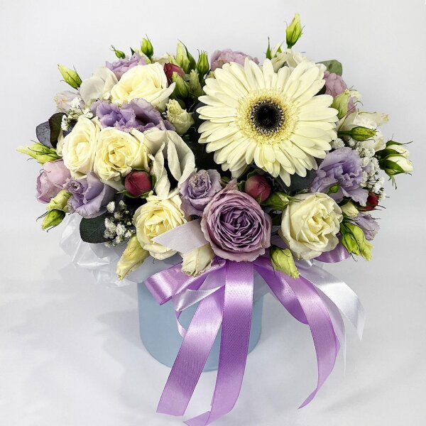 Gerbera white - 1, Spray peony rose Lavander, 50 cm - 1, White anemone - 2, Purple Lisianthus (Eustoma) - 3, Gypsophila - 1, Spray rose: white, cream, light pink 50 cm - 3, Round flower box small , Oasis, Eucalyptus Cinerea, Ribbon, Wrapping Paper