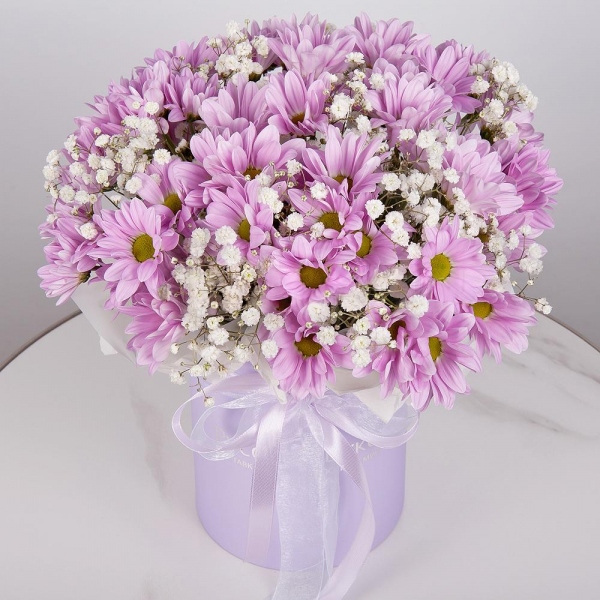 Bacardi Pink Spray Chrysanthemum - 5, Gypsophila - 4, Round flower box small , Oasis, Wrapping Paper