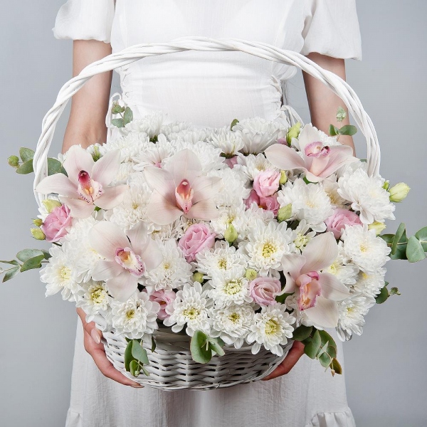 Baltica White Spray Chrysanthemum - 6, Pink Cymbidium Orchid Bud - 9, Pink Lisianthus (Eustoma) - 3, Medium Basket, Eucalyptus, Oasis, Flask for orchids