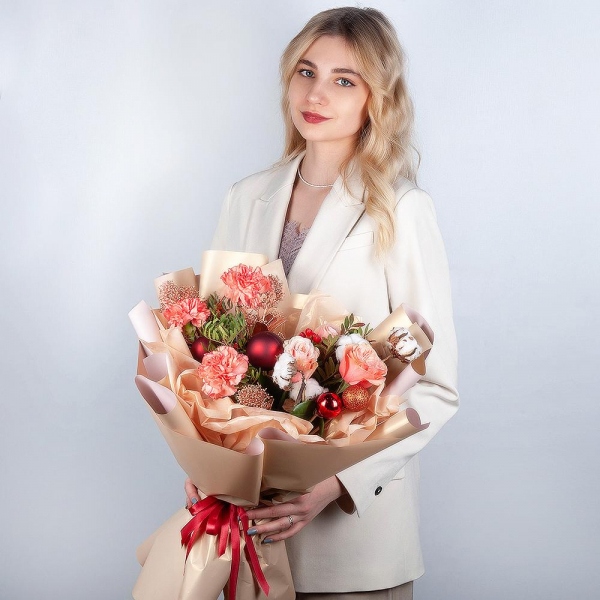Orange carnation - 5, Peony rose Kahala 50 cm - 3, Skimmia, Pistachio, Cotton branch, Christmas decor (set), Hypericum, Wrapping Paper