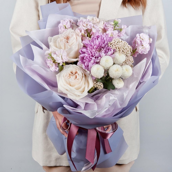 Magnum Purple Chrysanthemum - 1, Peony style roses - 5, Matthiola Lilac - 2, Newton White Spray Chrysanthemum - 1, Ozotamnus, Wrapping Paper