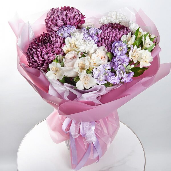 Chrysanthemum Bigoudi purple - 3, Matthiola Lilac - 2, Alstromeria white, soft pink - 7, Peony style roses - 3, Baltica White Spray Chrysanthemum - 2, Wrapping Paper