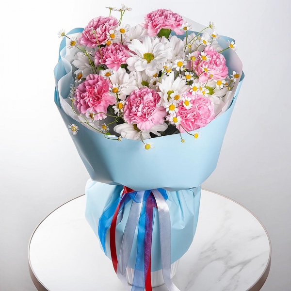 Pink carnation - 15, Bacardi White Spray Chrysanthemum - 2, Chamomile - 2, Wrapping Paper