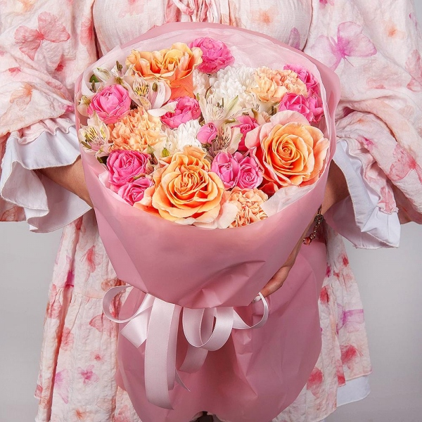 Pink-orange rose Phoenix 50 cm - 3, Bright pink spray rose mix, 50 cm - 3, Baltica White Spray Chrysanthemum - 1, Carnation white, cream - 5, Alstromeria white, soft pink - 4, Wrapping Paper
