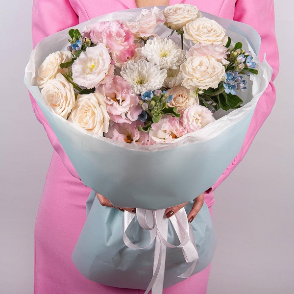 Peony sprayrose - 2, Pink Lisianthus (Eustoma) - 2, Baltica White Spray Chrysanthemum - 3, Oksipetalum, Wrapping Paper