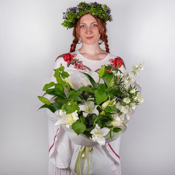 Lilies - 2, Blue Delphinium, Eryngium, Pittosporum,  Raspberry branch, Wrapping Paper