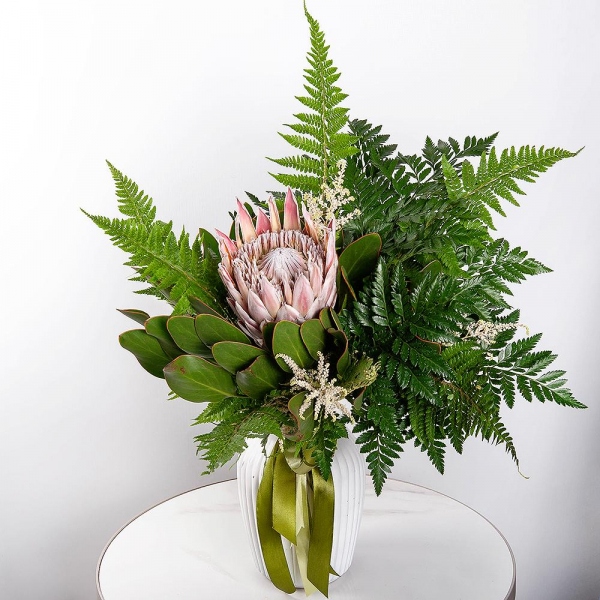 Protea, Fern (1 pc.), Astilbe, Ribbon