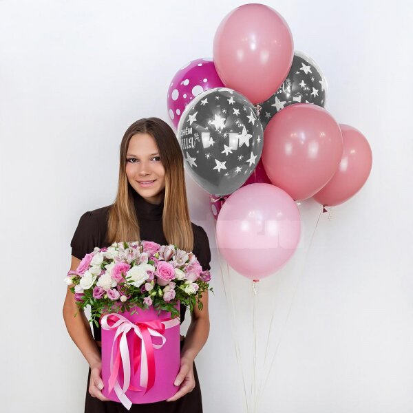 Pink rose 50 cm - 15, Alstromeria white, soft pink - 6, Spray rose: white, cream, light pink 50 cm - 12, Pink Lisianthus (Eustoma) - 7, Round flower box medium, Oasis, Film, Pistachio, Helium Balloon (1 pc.), Ribbon