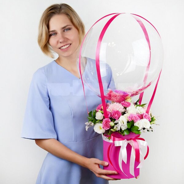 Bright pink spray rose mix, 50 cm - 9, Pink carnation - 5, lisianthus - 5, White Matthiola - 4, Round flower box small , Oasis, Film, Limonium (1 pc.), Ribbon, Transparent balloon Bubble with filling, Pistachio