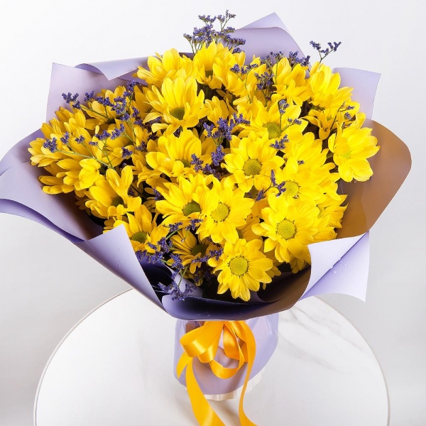 Bacardi Yellow Spray Chrysanthemum - 7, Limonium (1 pc.), Wrapping Paper