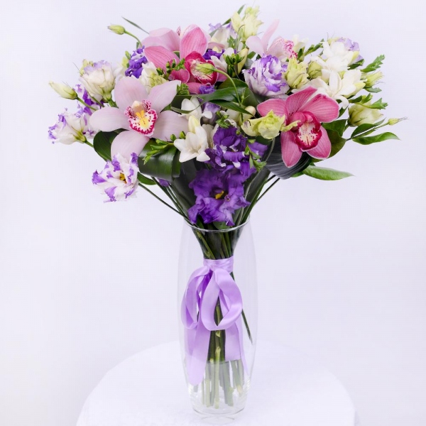 Pink Cymbidium Orchid Bud - 7, Freesia - 18, Purple Lisianthus (Eustoma) - 9, Aspidistra (1 pc.), Flask for orchids, Ribbon