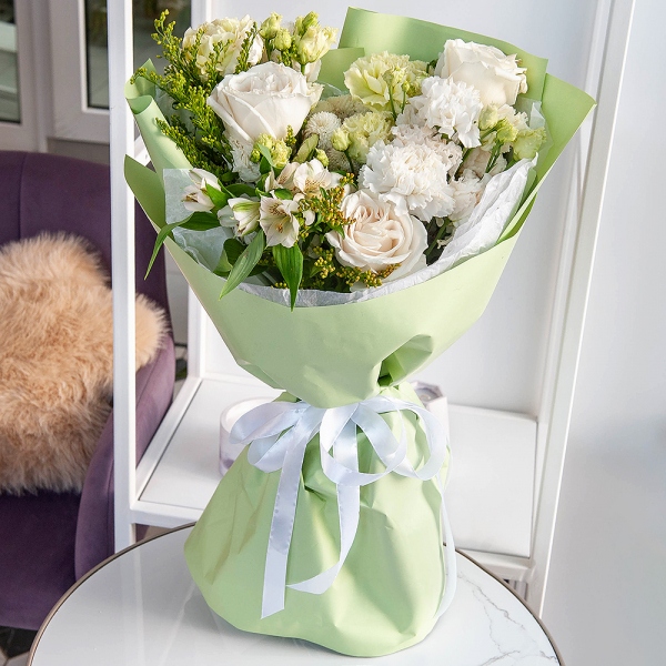 White rose 50 cm Ecuador - 3, Newton White Spray Chrysanthemum - 1, lisianthus - 3, Alstromeria white, soft pink - 4, Carnation white, cream - 7, Solidago (1 pc.), Wrapping Paper