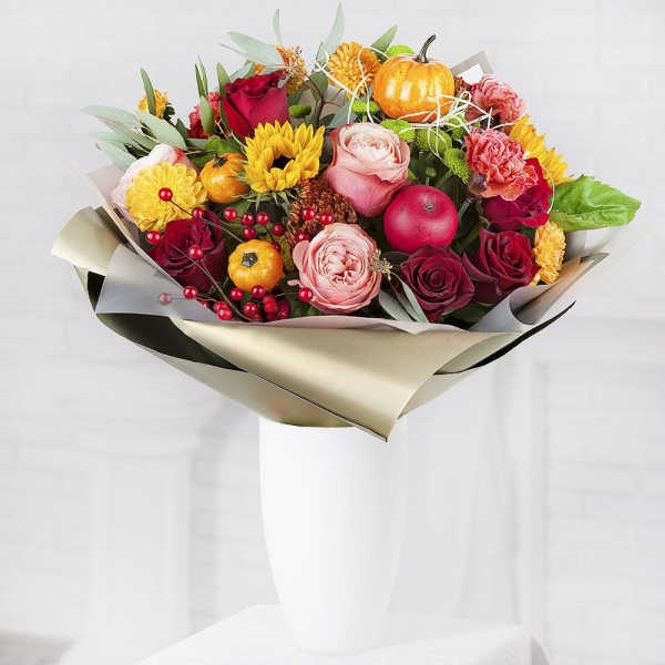 Sunflower - 5, Dahlia - 4, Baltica White Spray Chrysanthemum - 3, Pink carnation - 4, Athos pom Feeling Green - 3, Peony rose Kahala 50 cm - 3, Red rose 50 cm - 7, Sedum, Eucalyptus populus (1 pc.), Decorative element medium, Decorative element small, Wrapping Paper