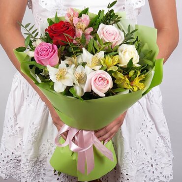 Red rose 50 cm - 1, Alstromeria Yellow, Orange - 1, Alstromeria white, soft pink - 2, White rose 50 cm - 1, Pink rose 50 cm - 3, Pistachio, Wrapping Paper