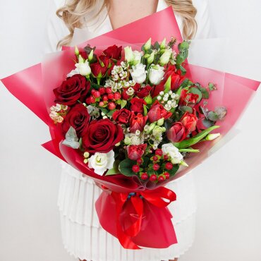 Red rose 50 cm - 3, lisianthus - 2, Spray rose: red 50 cm - 2, Waxflower (1 pc.), Hypericum, Eucalyptus Cinerea, Red tulip, Wrapping Paper
