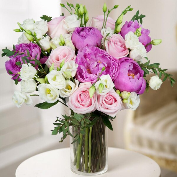 Peony pink - 9, Pink rose 50 cm - 7, lisianthus - 7, Eucalyptus parvifolia (1 pc.), Wrapping Paper