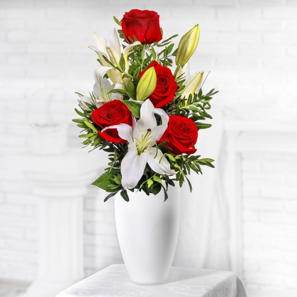 Red rose 50 cm - 6, Lilies - 3, Pistachio, Ribbon