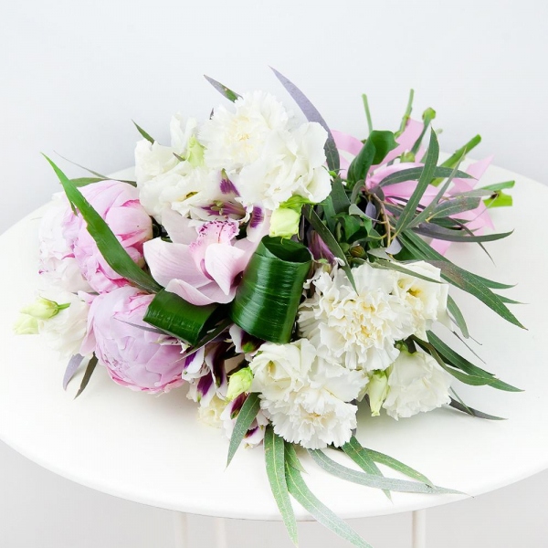 Carnation white, cream - 5, Pink Cymbidium Orchid Bud - 2, lisianthus - 3, Peony pink - 4, Alstromeria lilac, purple - 2, Eucalyptus, Flask for orchids, Aspidistra (1 pc.), Ribbon