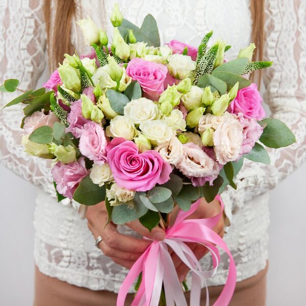 Pink rose 50 cm - 7, Pink Lisianthus (Eustoma) - 5, Spray rose: white, cream, light pink 50 cm - 5, Veronica spray, Ribbon, Eucalyptus