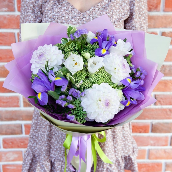 White Dahlia - 5, lisianthus - 2, Irises - 5, Sedum, Pittosporum, Pistachio, Wrapping Paper, Blue Statice