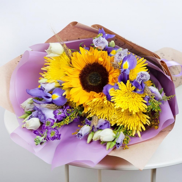 Sunflower - 1, Irises - 3, Baltica Yellow Spray Chrysanthemum - 3, Matthiola Lilac - 2, lisianthus - 2, Purple Lisianthus (Eustoma) - 1, Dried flowers decor, Wrapping Paper
