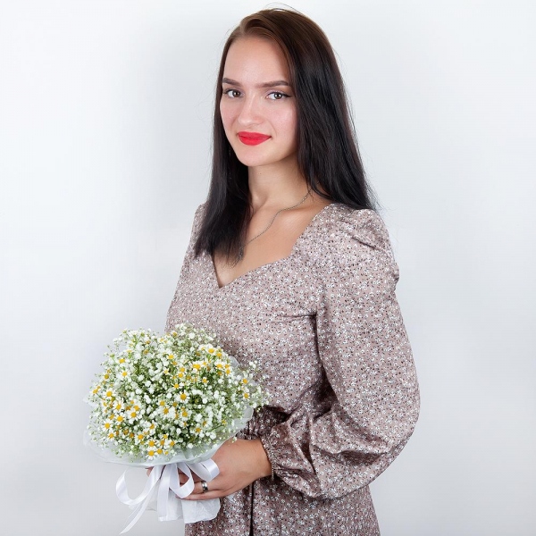 Gypsophila - 8, Chamomile - 7, Ribbon, Wrapping Paper