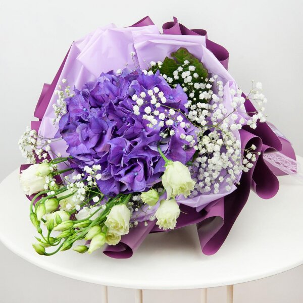 Blue/purple hydrangea - 3, lisianthus - 4, Gypsophila - 2, Wrapping Paper