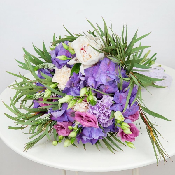 Peony white - 3, Carnation white, cream - 6, Pink Lisianthus (Eustoma) - 4, Blue/purple hydrangea - 2, Veronica spray, Eucalyptus, Flask for orchids, Ribbon