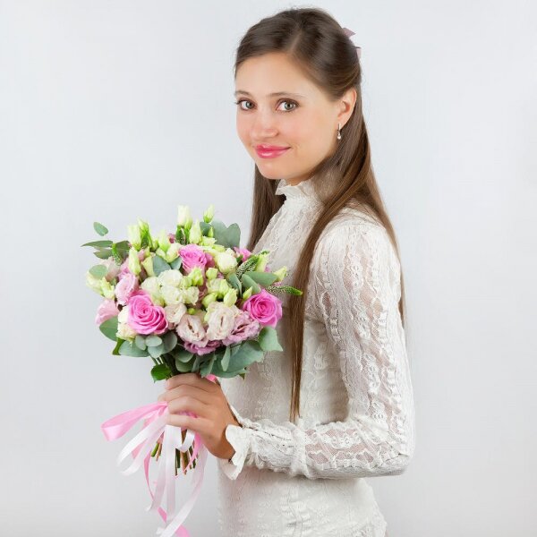 Pink rose 50 cm - 9, Pink Lisianthus (Eustoma) - 6, Spray rose: white, cream, light pink 50 cm - 6, Veronica spray, Ribbon, Eucalyptus