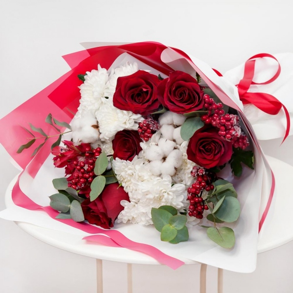 Baltica White Spray Chrysanthemum - 5, Red rose 50 cm - 7, Alstromeria Red, Bright Pink - 4, Cotton bud, Eucalyptus Cinerea, Decorative element medium, Wrapping Paper, Ribbon
