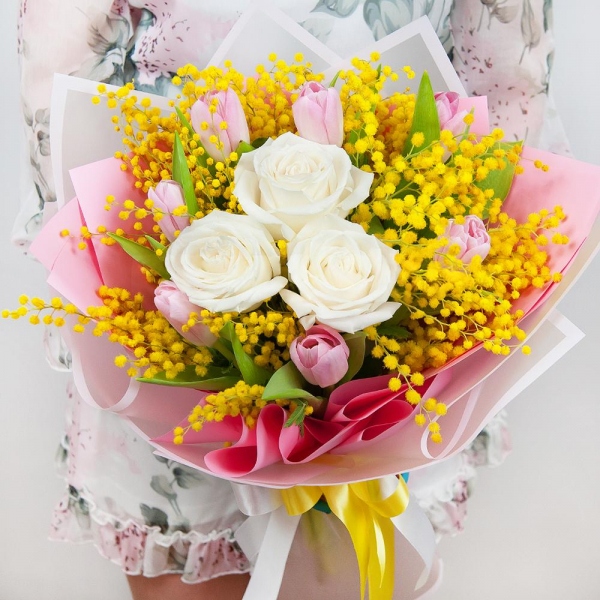 White rose 50 cm - 7, Pink tulip - 10, Mimosa - 4, Wrapping Paper, Ribbon