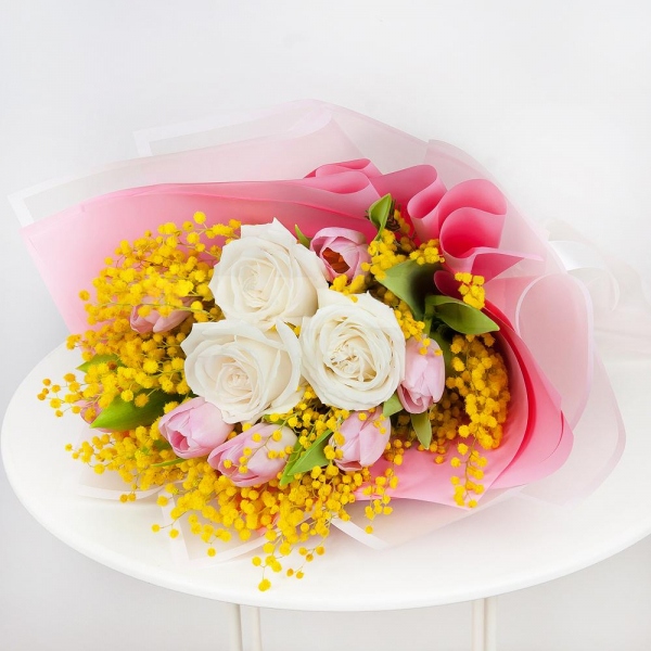 White rose 50 cm - 7, Pink tulip - 10, Mimosa - 4, Wrapping Paper, Ribbon