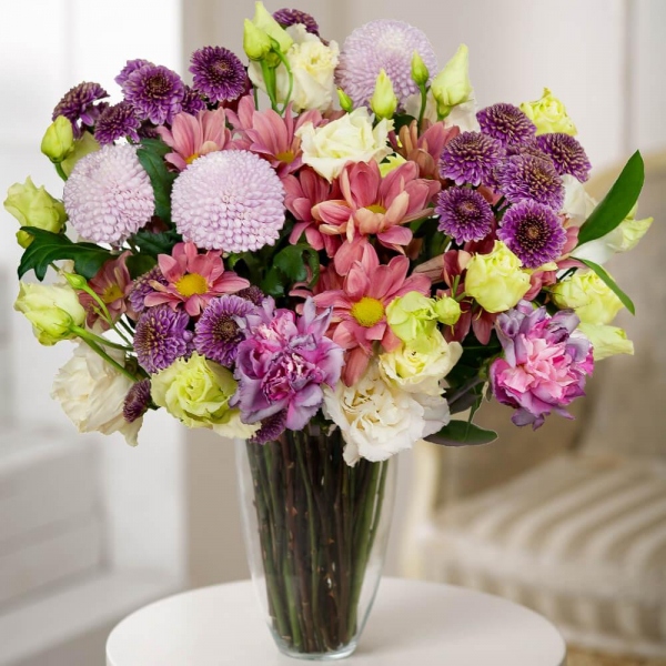 Daisy poms Santini pink, purple - 4, Momoko Chrysanthemum - 5, lisianthus - 5, Lilac carnation - 4, Bacardi Pink Spray Chrysanthemum - 4, Wrapping Paper, Ruscus