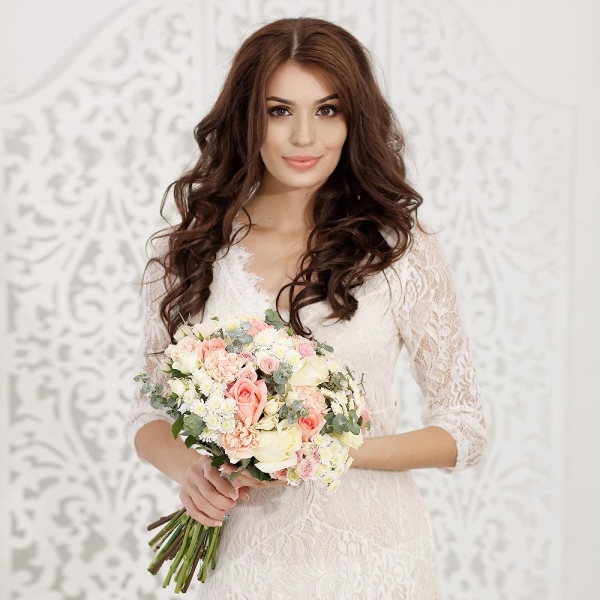 Pink rose 50 cm - 13, White rose 50 cm - 7, Spray rose: white, cream, light pink 50 cm - 12, Carnation white, cream - 7, Athos poms Stallion - 8, Eucalyptus parvifolia (1 pc.), Wrapping Paper, Ribbon