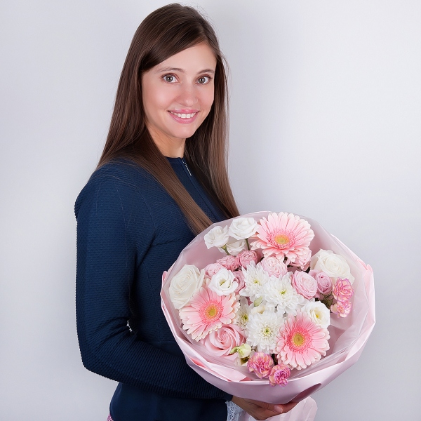 Gerbera pink - 5, Pink rose 50 cm - 3, White rose 50 cm - 3, Baltica White Spray Chrysanthemum - 1, Peony sprayrose - 2, Pink spray carnation - 2, lisianthus - 2, Wrapping Paper