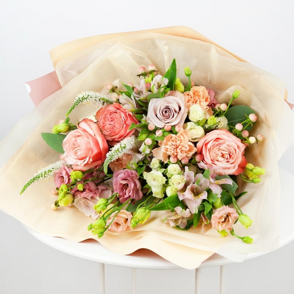 Peony rose Kahala 50 cm - 3, Rose Powder 50 cm Ecuador (Quicksand, Menta) - 4, Carnation white, cream - 5, Alstromeria white, soft pink - 4, Pink Lisianthus (Eustoma) - 4, Spray rose: white, cream, light pink 50 cm - 4, Veronica spray, Hypericum, Eucalyptus populus (1 pc.), Wrapping Paper