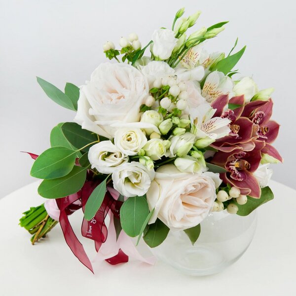 Pink Cymbidium Orchid Bud - 4, Alstromeria white, soft pink - 3, lisianthus - 4, Peony style roses - 3, Flask for orchids, Hypericum, Eucalyptus populus (1 pc.), Ribbon