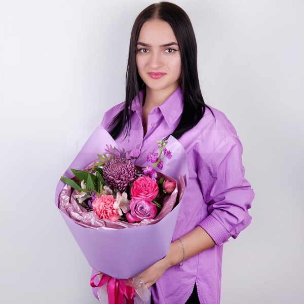 Chrysanthemum Bigoudi purple - 1, Matthiola Lilac - 1, Pink carnation - 1, Deep Purple rose - 4, Spray peony rose  - 1, Alstromeria white, soft pink - 2, Pistachio, Wrapping Paper, Ribbon