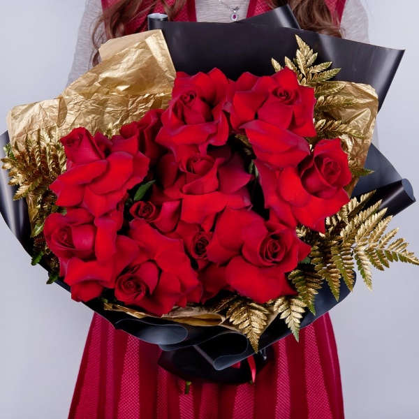 Rose Red 50 cm Ecuador - 15, Fern (1 pc.), Wrapping Paper