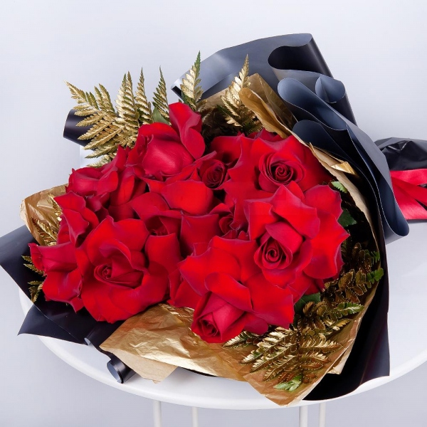 Rose Red 50 cm Ecuador - 15, Fern (1 pc.), Wrapping Paper
