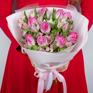 Alstromeria white, soft pink - 5, Tulip - 9, Wrapping Paper, Ribbon