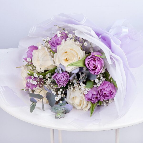 White rose 50 cm - 7, Lilac tulip - 9, Gypsophila - 1, Eucalyptus Cinerea, Wrapping Paper