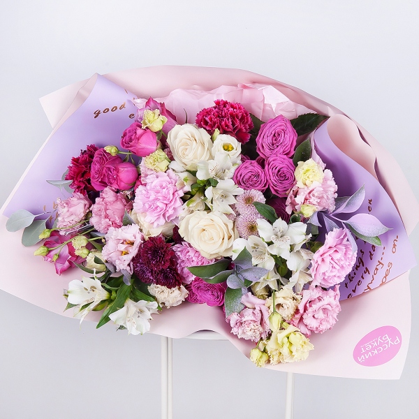 White rose 50 cm - 4, Deep Purple rose - 3, Alstromeria white, soft pink - 4, Pink Lisianthus (Eustoma) - 3, Pink carnation - 6, Daisy poms Santini pink, purple - 2, Bright pink spray rose mix, 50 cm - 4, Ruscus, Eucalyptus populus (1 pc.), Wrapping Paper