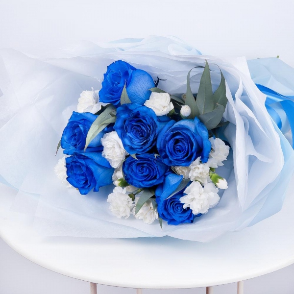 Rose blue - 7, White spray carnation - 12, Eucalyptus, Wrapping Paper